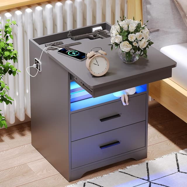 Nightstand with Gun Drawer, Charging Bedside Table with USB & Type-C Port, LED Night Stand with Human Sensor Light, Modern End Table with Drawers for Bedroom Office, Grey