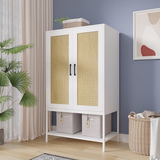 Wardrobe Closet with 2 Doors，Rattan Bedroom Armoires with Hanging Rod Freestanding Wooden Wardrobe Cabinet with Shelves,White