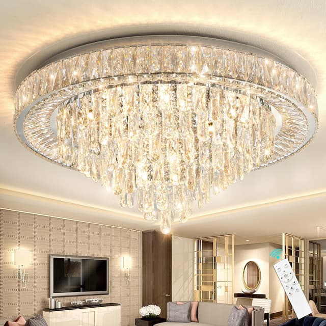 Modern Chandeliers for Living Room Crystal Ceiling Light Fixture LED Dimmable Lamp with Remote Pendant Lighting Flush Mount Ceiling Lighting for Dining Room Bedrooms