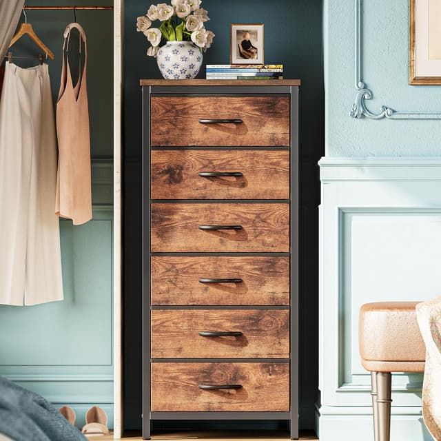 Huuger 6 Drawer Dresser for Bedroom, Tall Dresser & Chests of Drawers, Fabric Dresser for Closet, Bedroom, Night Stand, End Table with Metal Frame, Storage Tower with Fabric Bins, Rustic Brown